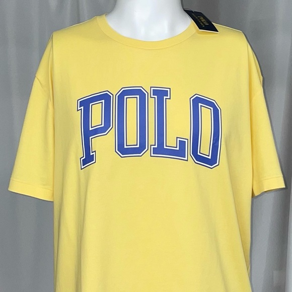 New Large Polo Ralph Lauren Yellow Blue Spellout Shortsleeved T-shirt - Picture 1 of 5